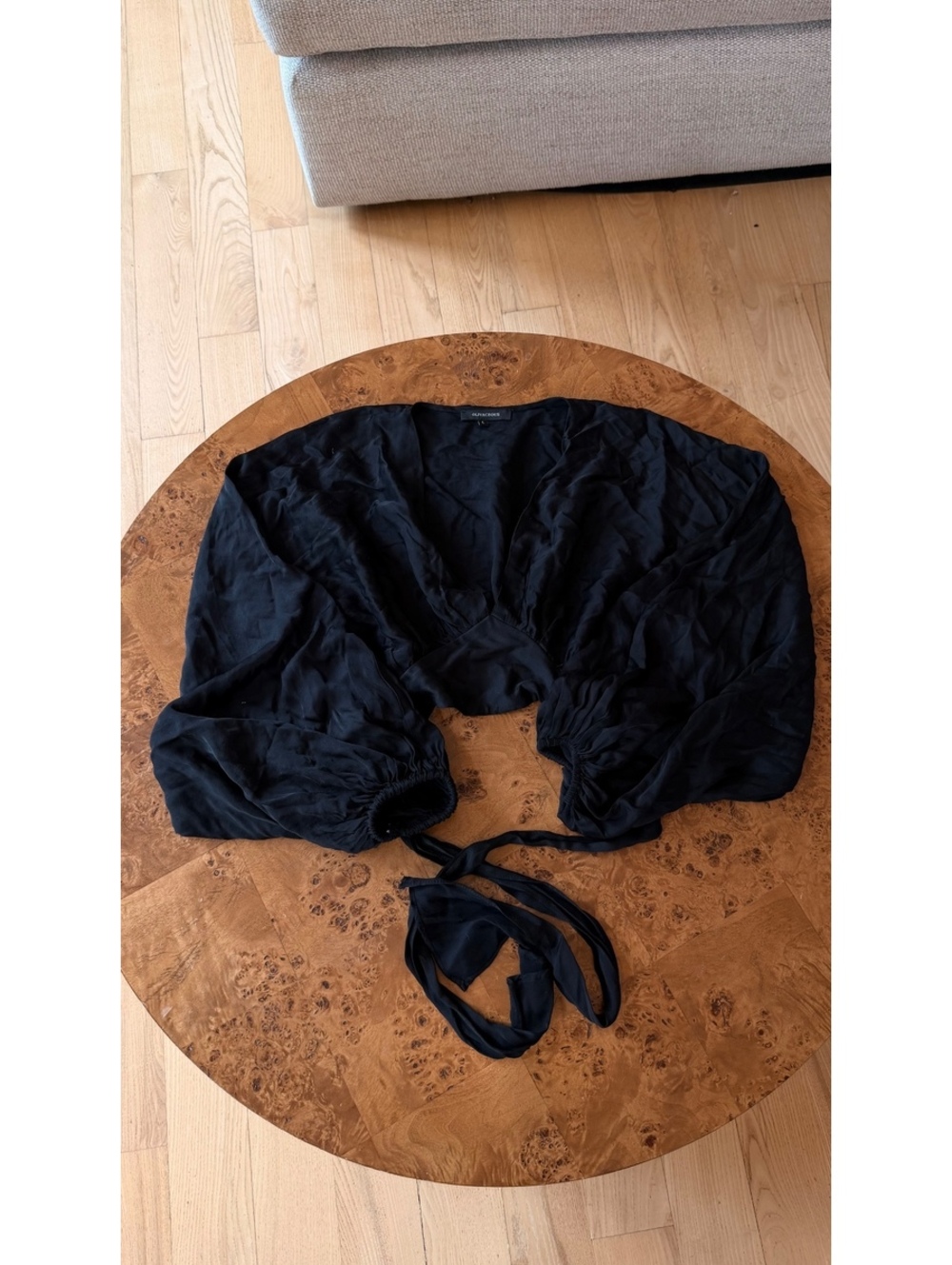 Olivaceous Black Crop Blouse with Tie Waist and Balloon Sleeves